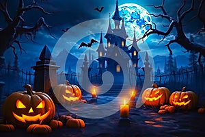 Petrifying Night Scene: Eerie Pumpkins and Candles Alight