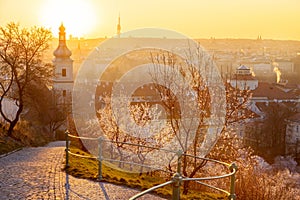 Petrin hill at sunrise, Lesser town, Prague, Czech republic