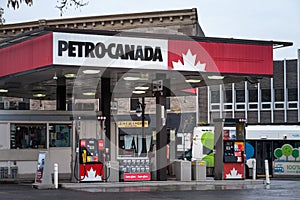 Petro-Canada logo in front of one of their gas stations in Canada. Belonging to Suncor Energy