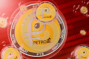 PETRO crash, bubble. PETRO PTR cryptocurrency coins in a bubbles on the binary code background