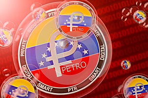 PETRO crash, bubble. PETRO PTR cryptocurrency coins in a bubbles on the binary code background