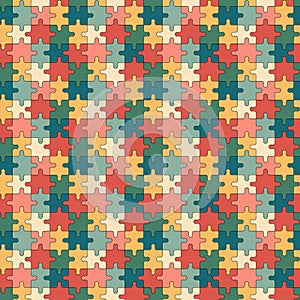 Petro puzzles pattern. Seamless background with colorful puzzle pieces. Groovy print design. Vector illustration