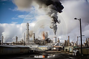 petrochemical complex, with smoke rising from chemical plants and refineries