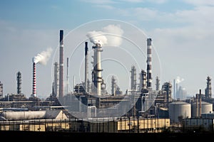 petrochemical complex, with smoke rising from chemical plants and refineries
