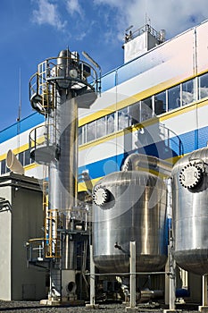 Petrochemical industrial architecture. Liquid oxygen nitrogen and air cryogenic industrial production building and