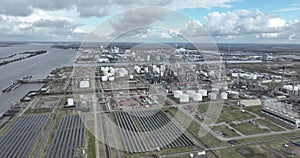 Petrochemical industry. Petroleum oil refinery in Moerdijk, The Netherlands. Sustainable energy resources by solar