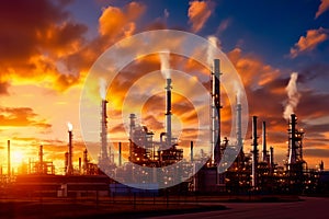 Petrochemical industry on sky sunset background. Generative AI