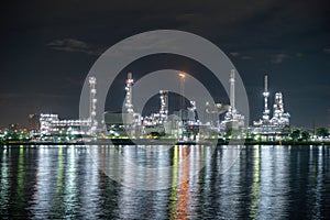 Petrochemical oil refinery and sea in industrial engineering concept in Bangna district, Bangkok, Thailand. Oil and gas tanks