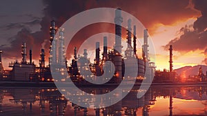 Petrochemical plant industry. Oil refinery industrial zone on sunset.