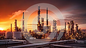 Petrochemical plant industry. Oil refinery industrial zone on sunset. The equipment of oil refining. Created with generative AI