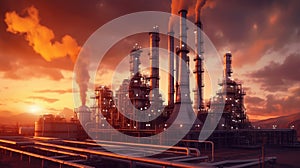 Petrochemical plant industry. Oil refinery industrial zone on sunset. The equipment of oil refining. Created with generative AI