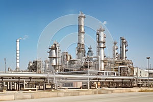 petrochemical plant, with piping and machinery visible, and tanks in the background