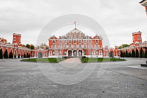 Petroff palace with lateral semicircular annexes and spacious front ceremonial courtyard, Moscow, Russia.