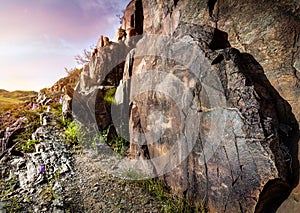 Petroglyph with animals at sunset