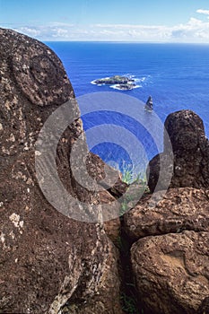 Petroglyphs and Motu Nui at Orongo of Easter Island, Chile