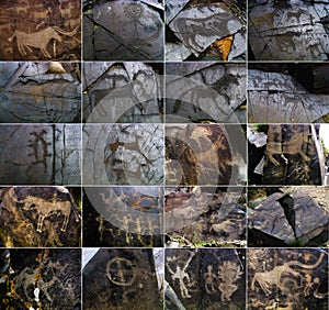 Petroglyphs on the stone in Tambaly or Tamgaly Tas