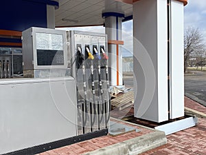 Petrol car refueling. Opening of a new Gas station. Fuel pump. Color fuel gasoline dispenser. Empty gas station, under
