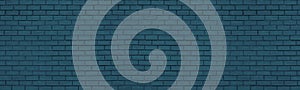 Petrol color old brick wall wide texture. Dark teal blue brickwork panoramic background