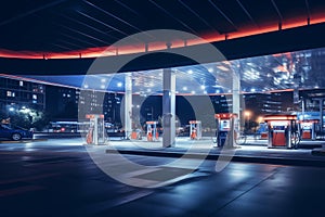 Petrol gas station with city building and neon light at night. Generative AI