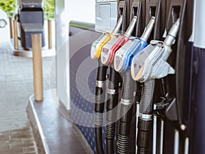 Petrol gas station with Colorul fuel gasoline dispensers background