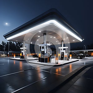 Petrol gas station at night with city building