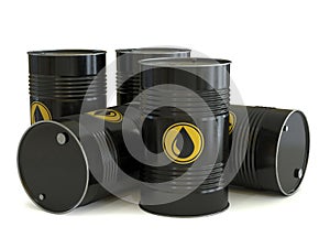 Petrol, oil, fuel, black barrels with oil drop symbol 3d rendering