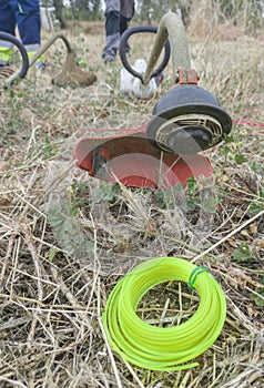 Petrol-powered string trimmer with string roll at forefront