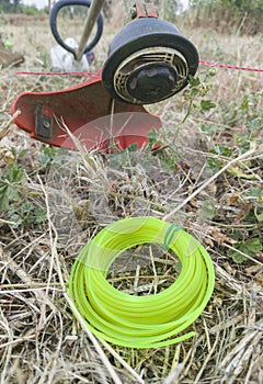 Petrol-powered string trimmer with string roll at forefront