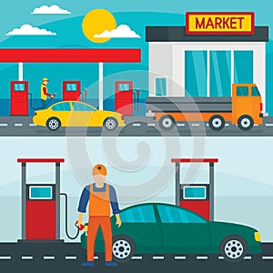 Petrol station gas banner concept set, flat style