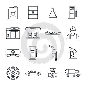 Petrol station gas fuel icons set, outline style