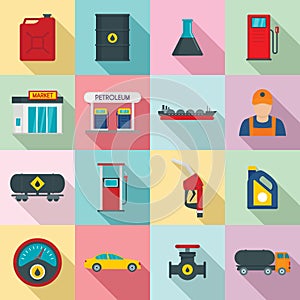 Petrol station gas fuel shop icons set, flat style