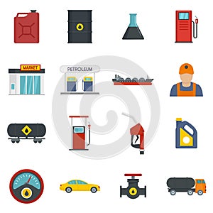 Petrol station gas fuel shop icons set, flat style
