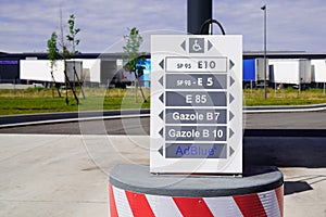 Petrol Station label sign panel text with the European Union fuel labeling e10 e5 e85 b7 b10 adblue sp95 sp 98