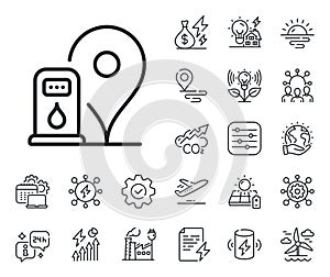 Petrol station line icon. Filling gas station location sign. Energy, Co2 exhaust and solar panel. Vector