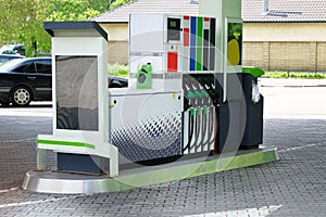 Petrol station pump. Gas station and petroling concept. To fill car with fuel. Gasoline, diesel and oil products