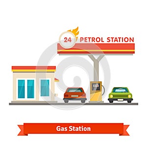 Petrol station with two cars