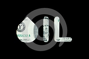 Petroleum. Black oil drop sign on a two dollar bill black background concept
