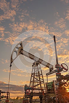 Petroleum concept. Oil pump rig. Oil and gas production. Oilfield site. Pump Jack are running. Drilling derricks for