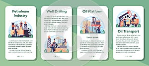 Petroleum industry mobile application banner set. Pumpjack platform