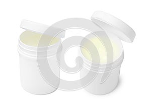 Petroleum jelly in jar on white background, different sides. Cosmetic petrolatum