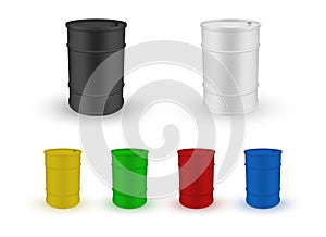 Petroleum and oil colored drums set realistic vector illustration. Metallic barrels for gas gasoline