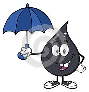 Petroleum Or Oil Drop Cartoon Character Under An Umbrella Protection
