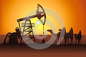 Petroleum pumpjack and camel riders vector illustration. Oil well