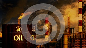 petroleum refinery plant with storage tanks on sunrise, fictitious design - industrial 3D illustration