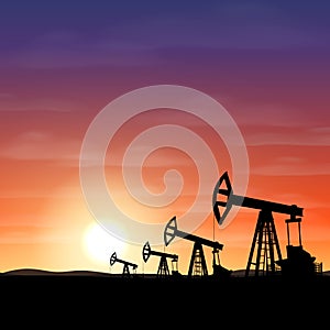 Petroleum rigs at sunset. Oil drill background. Vector illustration.