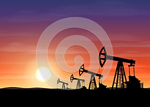 Petroleum rigs at sunset. Oil drill background. Vector illustration.