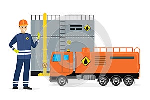 Petroleum truck, oil storage tank, happy caucasian oilman or engineer. Cartoon steel container with pipe and ladder and worker man