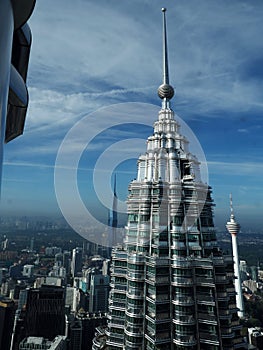 Petronas Twin Towers are actually two skyscrapers, detail photographed from the second tower. Kuala Lumpur, Malaysia