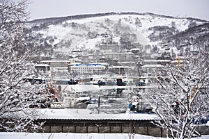 Petropavlovsk Kamchatsky city in the winter at snowy weather. Kamchatka peninsula