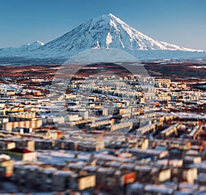 Petropavlovsk-Kamchatsky cityscape and Koryaksky volcano